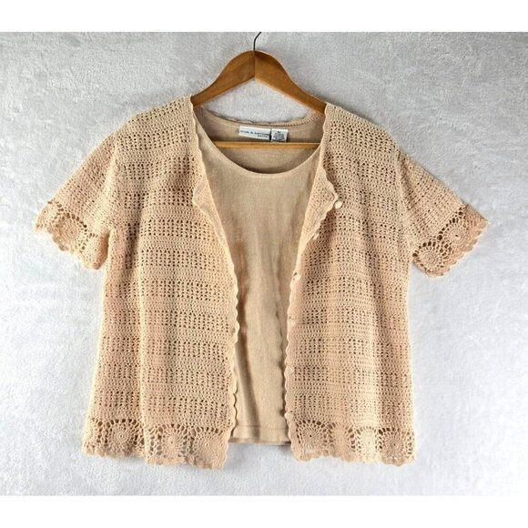 VTG Crochet Cardigan Set Cream Croft & Barrow Petite L Knit Shell Cottage Boho Y - Picture 1 of 14
